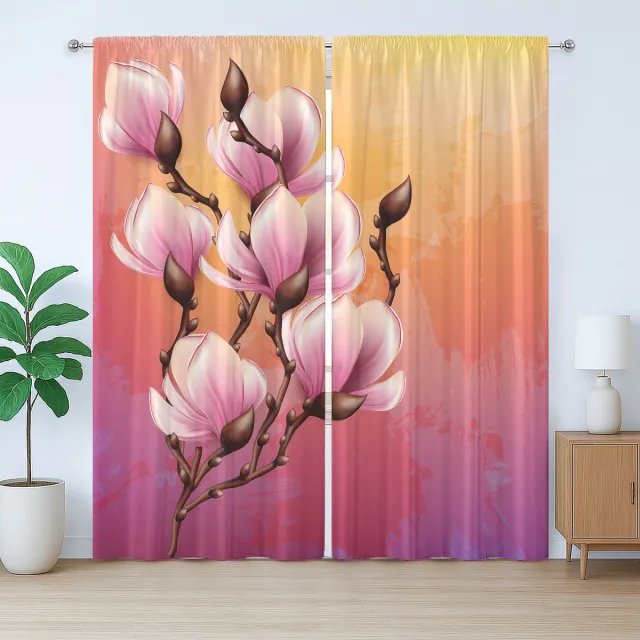 ABAKUHAUS Magnolia Rustiek Gordijn, Realistisch 3D-ontwerp, met Bandjes en Haakjes voor de Woonkamer, 280 x 245 cm, Roze Meerkleurig