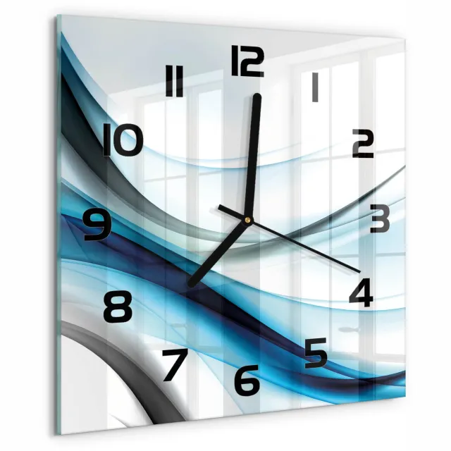 TULUP Wandklok - Golfabstractie Wandklok Glas Met Motief - 30x30 cm - Blauw Decoratieve Glazen Klok - Zwarte handen - Vierkante Klok - Gekleurde Glazen Klok - Glazen Klok Met Print