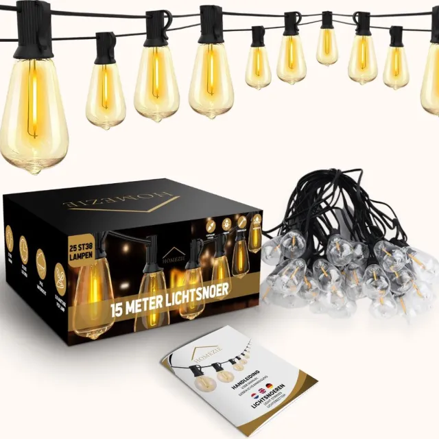 Homezie Lichtsnoer 15 meter met 25 grote LED bulbs | IP44 Spatwaterdicht | Warm wit | Koppelbaar & Dimbaar