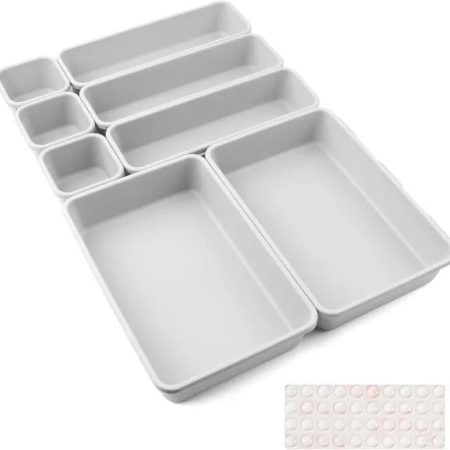 Famanu Plastic lade organizer bakjes 8 stuks lichtgrijs, 3 formaten voor lade, badkamer en kantoor, make-up en gadgets opbergen WIT