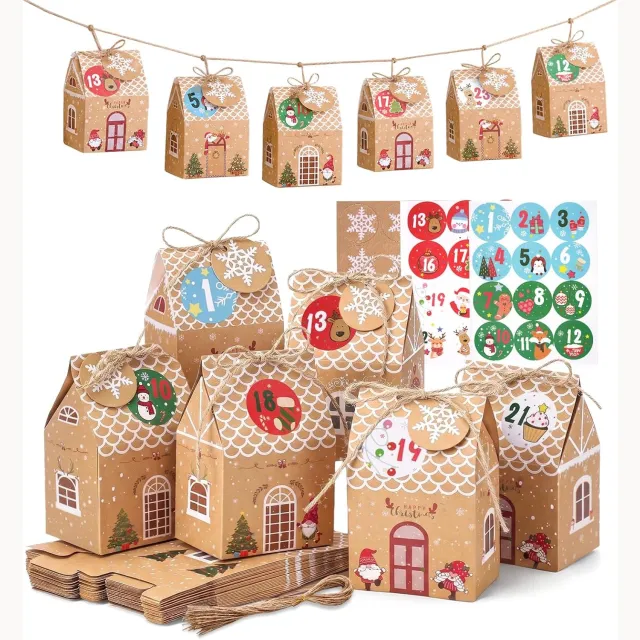 PZCC Kerstversieringen - 24 Kerst Adventskalender Doosjes - Verpakkingen voor koekjes en snoep - Met Stickers sneeuwvloklabels en touwtjes - 7 x 5 x 10,5 cm