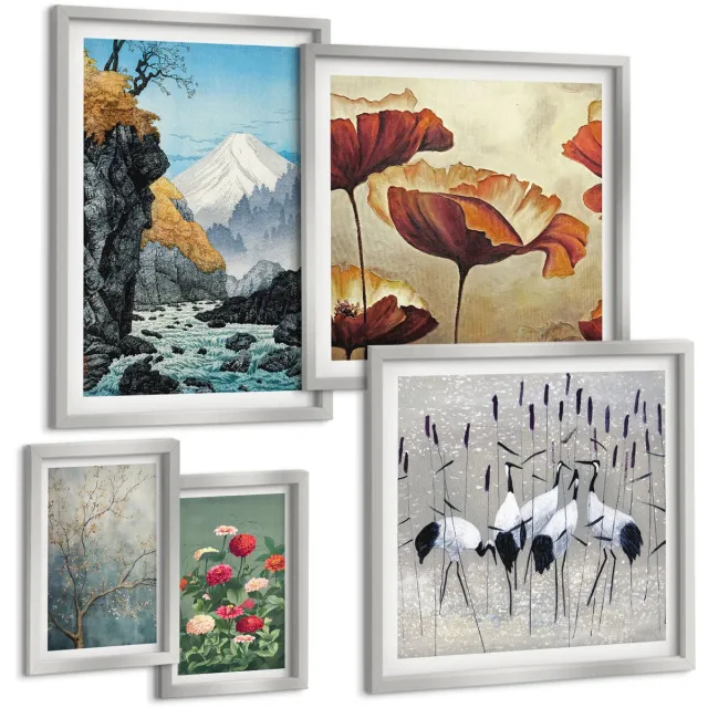 TULUP 4-Delige Schilderij Set - Natuurlandschappen met bloemen en uitzicht op de bergen - 50 x 50 cm, 20 x 30 cm en 40 x 60 cm - Stijlvolle Muurdecoratie - Kantoor Zilveren lijst