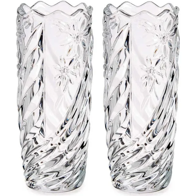 Giftdecor Set van 2x stuks bloemenvazen margriet relief 8 x 19,5 cm - Gedecoreerd glas - Vaas - Geschikt voor bloemen en boeketten Transparant