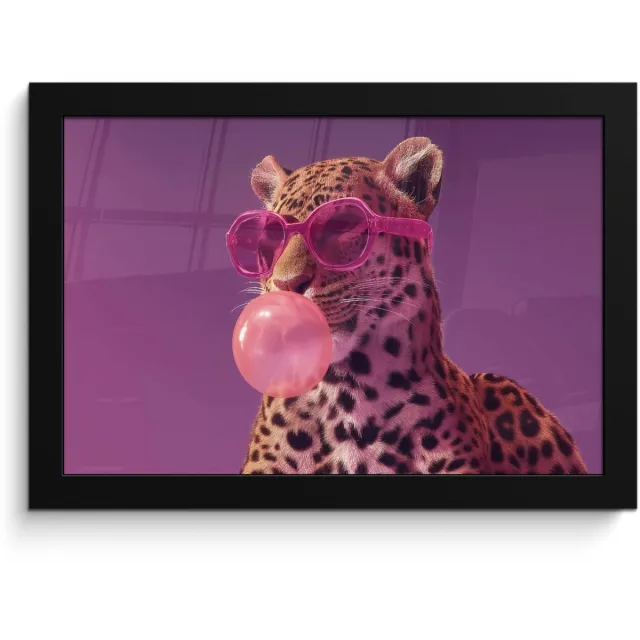 FrameYourWall Poster in lijst - Fotolijst 30x20 cm - Posters - Panter - Zonnebril - Kauwgombel - Roze - Posterlijst zwart - Decoratie - Wanddecoratie woonkamer - Muurdecoratie slaapkamer