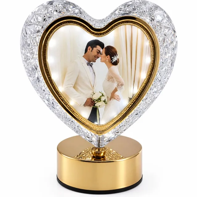 LUXALIVING Staande Fotolijst met LED-Verlichting – Kristalachtig Ontwerp – Gouden Frame – 3 Lichtkleuren
