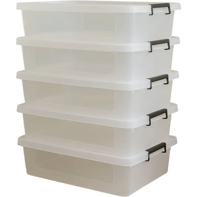HL Agenturen Opbergbox – Opbergdoos – Clipbox – Opbergbox met deksel – Set van 5 stuks – 12 Liter – Transparant – Stapelbaar – Met handvaten – 39x28x16