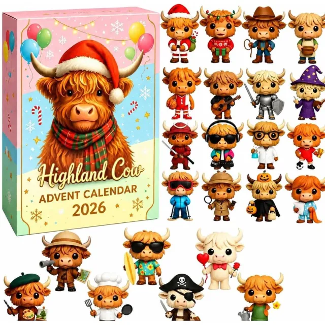 ZVD Hooglander Adventskalender - Magische Kerstaftelkalender met 24 Verzamelbare Miniatuur Koeienfiguren - 3D-decoraties - 1 set(A)