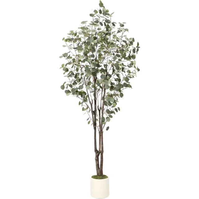 Happiq Kunstmatige eucalyptusboom - Voor thuiskantoor - Decoratieve kamerplant met LED-verlichting - Groen met witte plantenbak - Groen-210cm