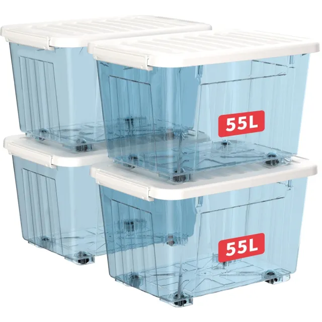 Famanu Plastic opbergdozen met wielen, set van 4 stuks, 55L per doos, met deksel en veilige zijvergrendelingen, stapelbaar en doorzichtig blauw