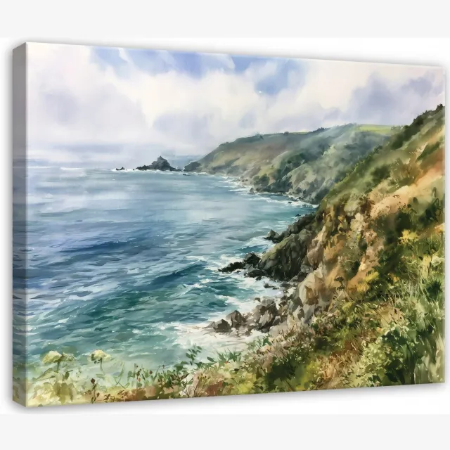 WALLARENA Schilderij op canvas - 90x60 cm - zeelandschap met kliffen in aquarelstijl - wanddecoratie voor woonkamer en slaapkamer Blauw