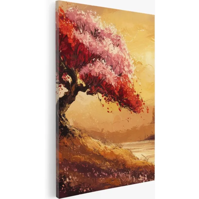 Saammp Canvas Schilderij - Abstracte Boom met rode bladeren - Landschap - Natuur - 80x120 - Foto op canvas - Wanddecoratie - Muurdecoratie Woonkamer - Slaapkamer decoratie - Canvas Print Multicolor