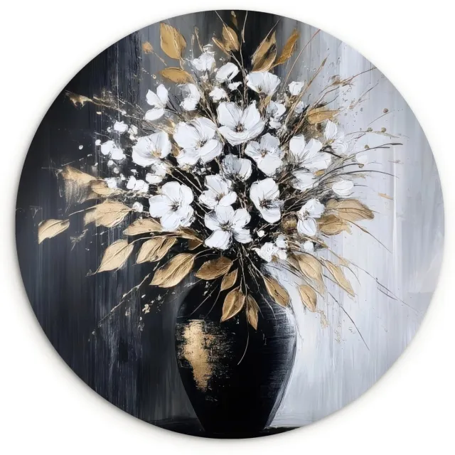 WallCircle Wandcirkel 90x90 cm - Muurcirkel Bloemen - Wit - Vaas - Abstract - Muurdecoratie woonkamer - Wanddecoratie slaapkamer - Kamer decoratie accessoires - Ronde schilderijen Bloemen - Vaas - Abstract