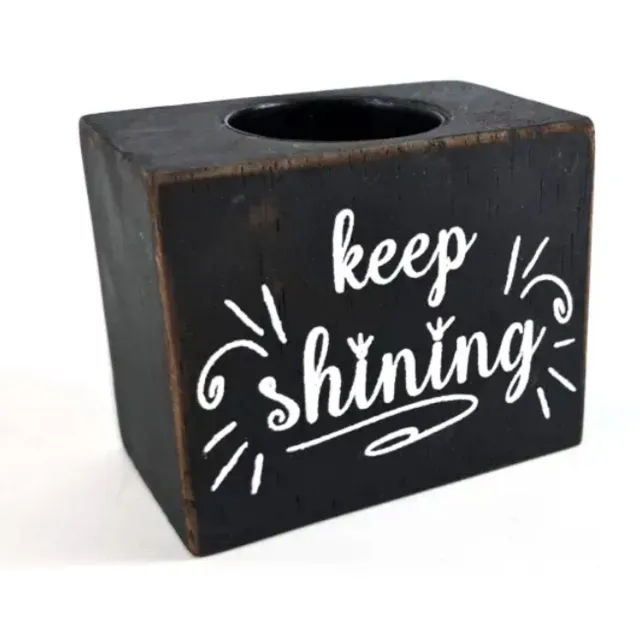 Woodart Waxinehouder blok - 7x9 cm - Keep Shining - black wash