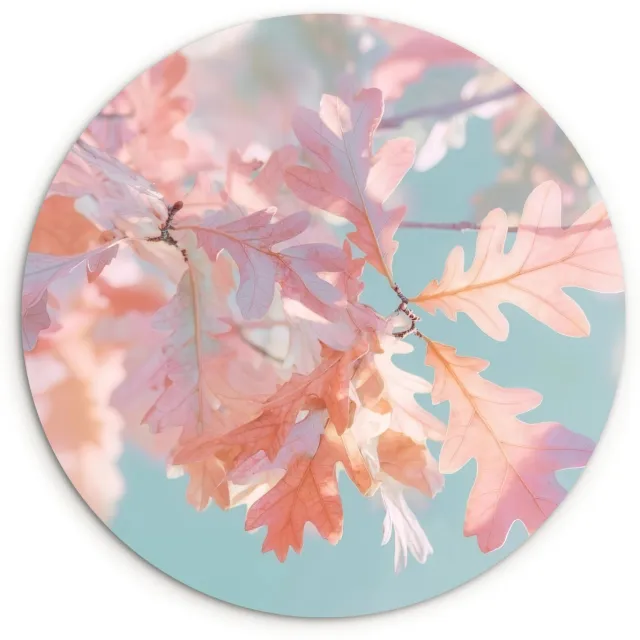 WallCircle Wandcirkel 90x90 cm - Muurcirkel Eikenbladeren - Takken - Roze - Muurdecoratie woonkamer - Wanddecoratie slaapkamer - Kamer decoratie accessoires - Ronde schilderijen