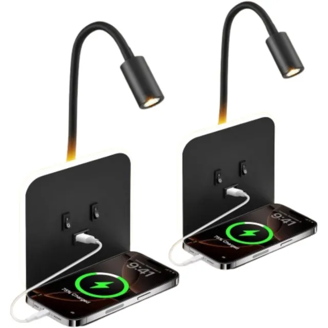 Thuys Bedlampjes Hoofdbord – Leeslampjes – Bedlamp Slaapkamer Volwassenen – 2 Stuks – Zwart