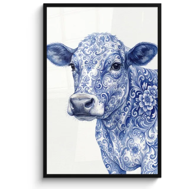 FrameYourWall Poster in lijst - Fotolijst 80x120 cm - Posters - Illustratie - Koe - Blauw - Posterlijst zwart - Decoratie - Wanddecoratie woonkamer - Muurdecoratie slaapkamer