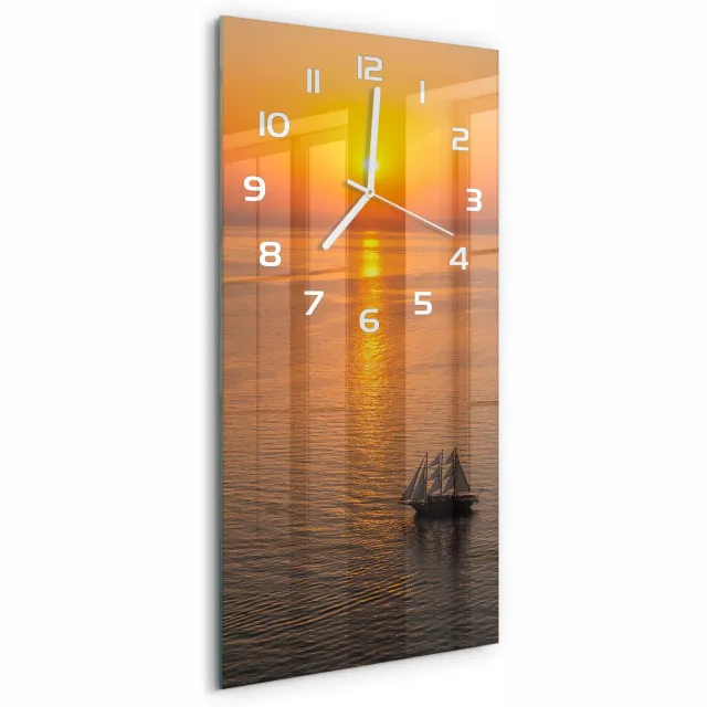 TULUP Wandklok - Zonsondergang Zee Klok Glas Met Opdruk - 30x60 cm - Oranje Moderne Wandklok Glas - Witte handen - Rechthoekige Klok - Decoratieve Glazen Klok - Glazen Wandklok Design