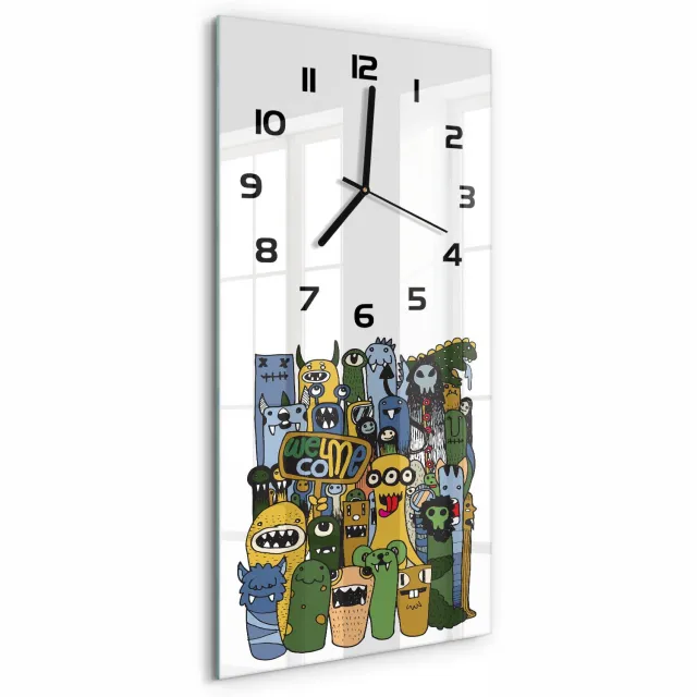 TULUP Wandklok - Gekke monsters Moderne Wandklok Glas - 30x60 cm - Groente Wandklok Glas Decoratie - Zwarte handen - Rechthoekige Klok - Glazen Wandklok Design - Klok Glas Met Opdruk