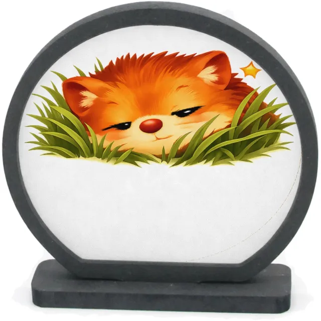Mr Cadeautjes Houten fotolijst rond met MDF inleg - design Een slaperige egel die half verscholen zit tussen gras en me | cadeau Wit