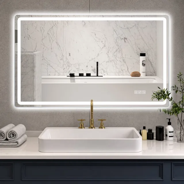 MEUNIQ LED badkamerspiegel 120 x 60 cm zonder lijst, dimbaar met 3 lichtkleuren, anti-condens, geheugenfunctie en IP44 voor badkamer, zilver