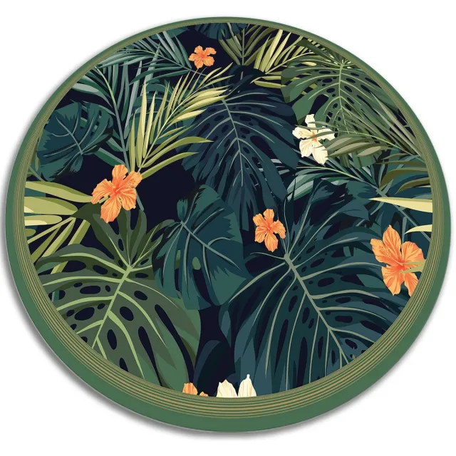 TULUP Vinyl Tapijt - Tropische bladeren Vloerkleed Vinyl - 90 cm - Zwart PVC Tapijt - Ronde Tapijt Vinyl - Woonkamertapijt - Kantoortapijt Zwart Tropische bladeren