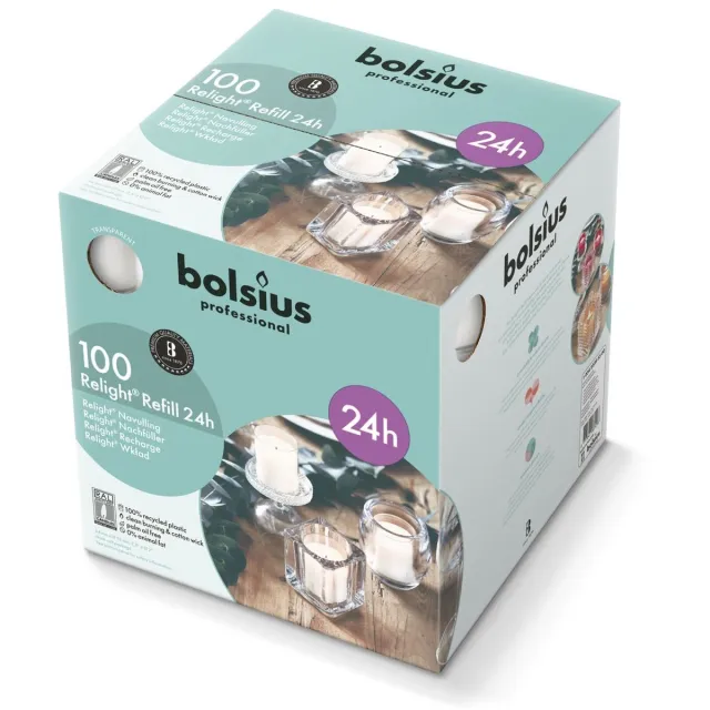 Bolsius Relight - Transparant - Navulling voor kaarshouder - 100 Stuks - 24 Branduren