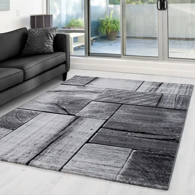 Adana Carpets Laagpolig vloerkleed met 3D-houtdesign, zwart, geschikt voor de woonkamer, met jute achterkant, afmetingen: 120 cm x 170 cm