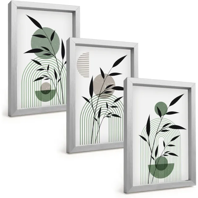 TULUP 4-Delige Schilderij Set - Abstracte plantencomposities in boho-stijl - 20 x 30 cm - Wanddecoratie - Schilderijen Set - Kantoor - Woonkamer Decoratie Zilveren lijst