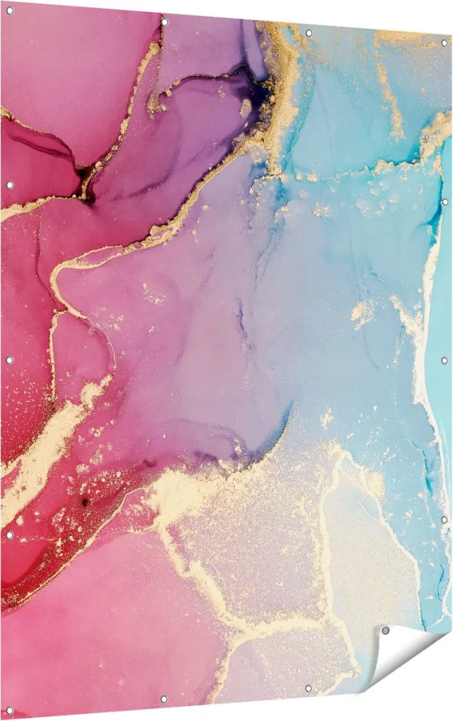 Gards Tuinposter Abstracte Kunst van Marmer - Roze met Blauw - 120x160 cm - Tuindoek - Tuindecoratie - Wanddecoratie buiten - Tuinschilderij Multikleur