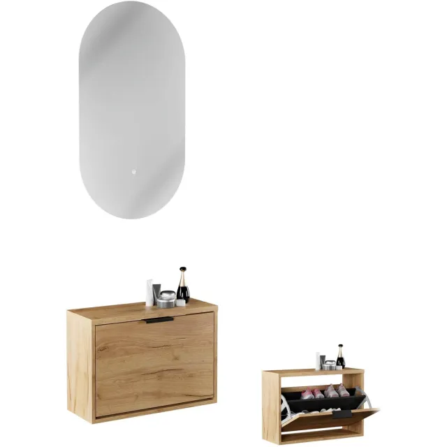 Planetmöbel STIVIO - Schoenenkast 60 cm met LED-spiegel - Goud eiken - 2-delig - Slechts 23 cm diep 1 klep. Goud eiken