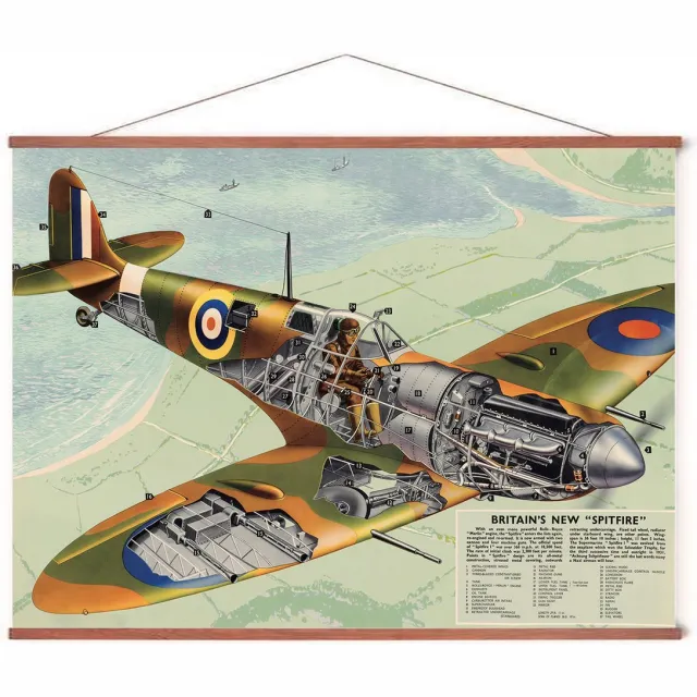 Esque Poster In Posterhanger - Poster Vliegtuig Spitfire - 50x70 cm - Kader Hout - Ophangsysteem - Vintage - Tweede Wereldoorlog