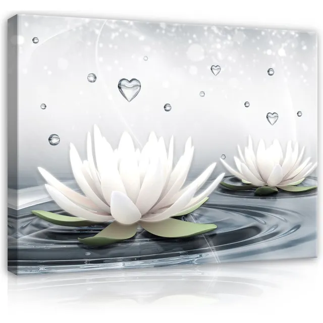 Canvas Schilderij - Waterlelies - Bloemen - Water - Planten - Hartje - Inclusief Frame - 100x75cm (lxb) - Wit