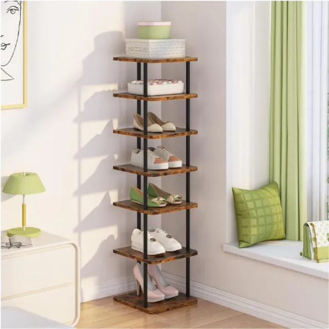 BOG Schoenenrek Organizer - 7 Laags Smal Schoenenrek - Metalen Schoenenrek Toren - Schoenenkast Voor Hal Gang Voordeur En Kleine Ruimtes - Houtkleur BRUIN