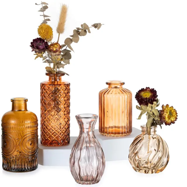 Famanu Set van 5 kleine amberkleurige glazen vazen voor tafeldecoratie, vintage stijl voor herfstdecoratie binnen Zwart