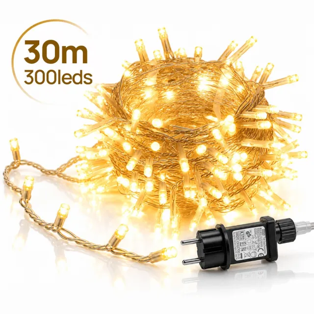LAPAMAX LED Lichtsnoer - Kerstverlichting 30 m 300 LEDs Warm Wit - Zonder Tail Plug - 31 V Laagspanning met Timer, Geheugen en 8 Lichtstanden - Kerstboomverlichting met Adapter en 3 m Aanloopsnoer