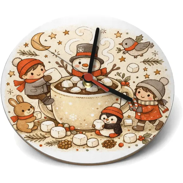 Mr Cadeautjes Klok rond Ø 19 - design Een knusse winterkeuken-scène met bewegende figuren rond een | cadeau Wit