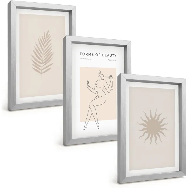 TULUP 4-Delige Schilderij Set - Een verzameling minimalistische vormen en natuurlijke figuren - 20 x 30 cm - Wanddecoratie - Muurdecoratie - Woonkamer - Interieur Decoratie Zilveren lijst