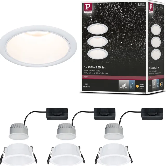 Paulmann LED-inbouwlamp 3-Step-Dim Cole Coin Set van 3 IP44 rond 88 mm Coin 3x6W 3x470lm 230V dimbaar 2700K Wit