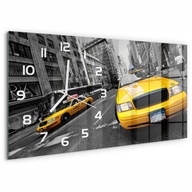 TULUP Wandklok - Taxi in New York Wandklok Glas Met Motief - 60x30 cm - Geel Decoratieve Glazen Klok - Witte handen - Rechthoekige Klok - Gekleurde Glazen Klok - Glazen Klok Met Print