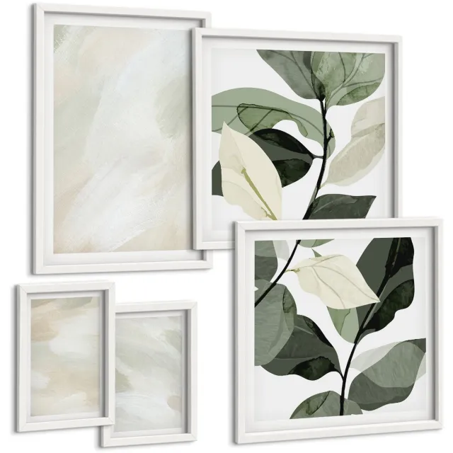 Coloray 5-Delige Schilderij Set - Heldere Abstracte Schilderijen Op Canvas, Delicate Boho-Stijl - 50 x 50 cm, 20 x 30 cm En 40 x 60 cm - Wanddecoratie - Schilderijen Set - Interieur - Woonkamer Decoratie Witte lijst