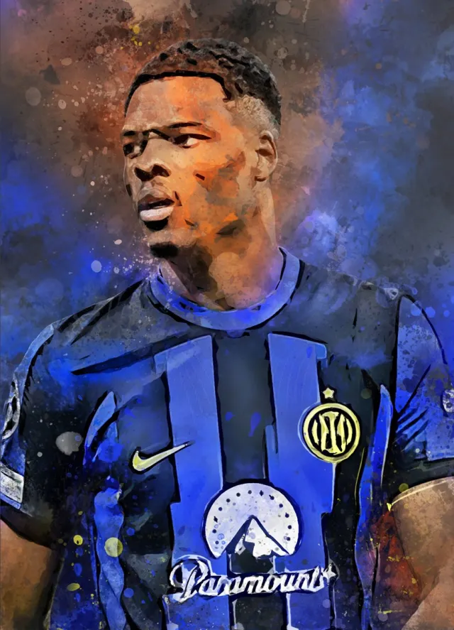 BVL Posters Dumfries poster - Voetbal wanddecoratie Denzel Dumfries - A0 poster - 84.1x118.9 cm - Semi glossy fotopapier - Voetbal fan poster - Unieke poster cadeau voor een echte voetbalfan Donkergrijze achtergrondkleur