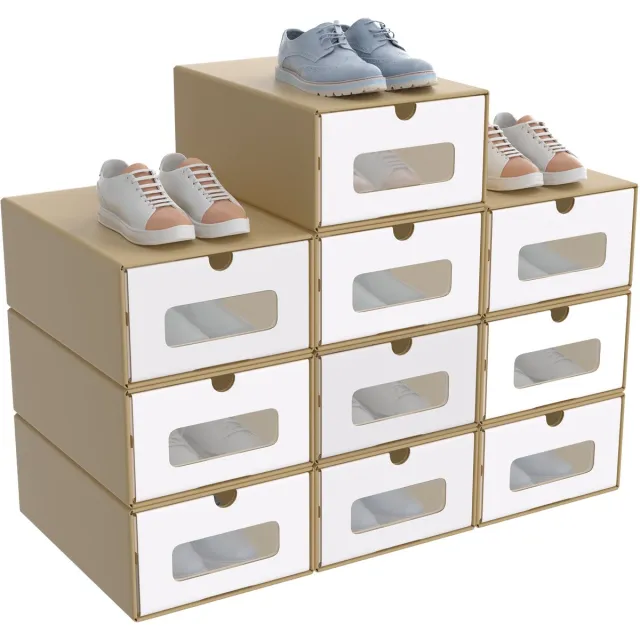 Froadp Set van 10 stapelbare dozen – lade met venster van kraftpapier, schoenen- en speelgoeddoos voor het opbergen van accessoires, 23,5 x 34,5 x 13,5 cm – bruin