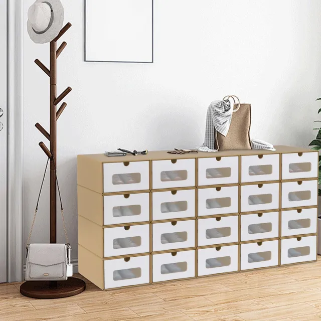 Aufun 20er Stapelbar Schuhboxen aus Kraftpapier mit Deckel & Transparent Sichtfenster, Praktische Schuhaufbewahrung Aufbewahrungsbox 35x24x14cm, Stauraum Organizer für Schuhe, Braun Bruin en wit