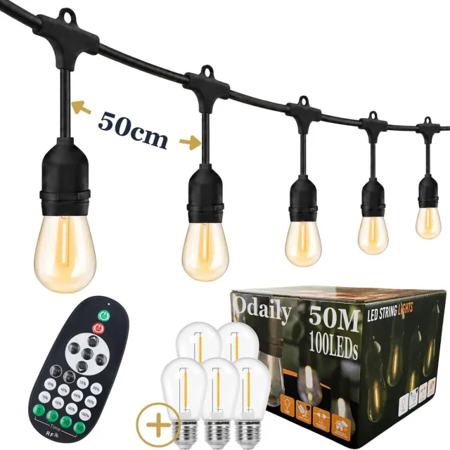 Odaily Lichtsnoer Buiten - 50 Meter - 100 LED Lampen - Warm Wit Licht - Dimbaar - Horecakwaliteit