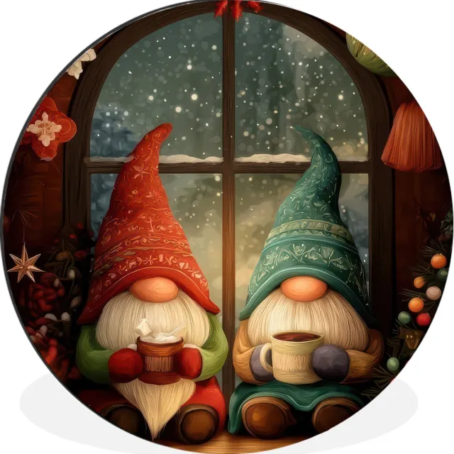WallCircle Wandcirkel - Muurcirkel - Gnooms - Kerst - Raam - Kleurrijk - Aluminium - Dibond - 60x60 cm - Binnen en Buiten