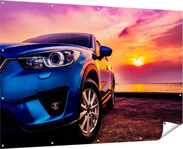 Gards Tuinposter Blauwe Sportwagen Auto bij Zonsondergang - 180x120 cm - Tuindoek - Tuindecoratie - Wanddecoratie buiten - Tuinschilderij Multikleur