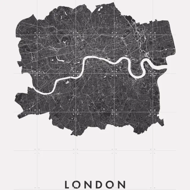 IXXI London City Map, Kunst in Kaart - 100 x 140 cm - Grote wanddecoratie en posters - Technische Tekening, Minimalisme, Grafisch Ontwerp, Line art Zwart en wit / Monochroom / Zwart
