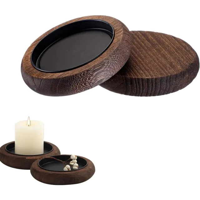 Cosensi Decoratieset van 2 donkerbruine massief houten kandelaars met geïntegreerde wasgoot (11 cm rond dienblad) voor theelichtjes en stompkaarsen Any