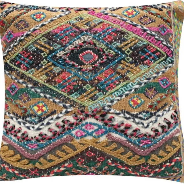 Rocaflor kussen wol katoen ethnic ruit multikleuren 50x50 cm