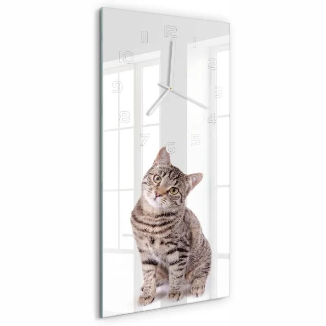 TULUP Wandklok - Kat Decoratieve Glazen Klok - 30x60 cm - Bruin Glazen Wandklok Design - Witte handen - Rechthoekige Klok - Glazen Klok Met Print - Wandklok Glas Met Motief